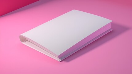 A white closed brochure lies on a pink background in neon light.