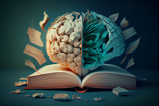 The Concept Of Education, The Study Of Modern Sciences. Human Brain, Abstract Illustration Made From Different Parts Of Mechanics And An Open Book.