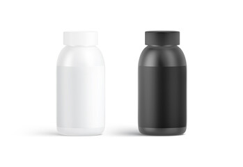 Blank black and white nutrition bottle with label mockup, isolated