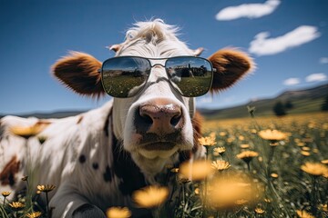 cow with oversized sunglasses lying in a field of wild flowers in the mountains - funny animal picture - fashion conscious farm animal - generative ai - obrazy, fototapety, plakaty