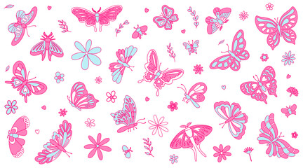 Butterflies, daisies, leaves in blue and pink colors. Nostalgia for the 2000 years. Y2k style.