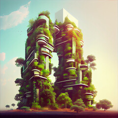 The concept of a futuristic eco-friendly vertical metropolis - a forest with a vegetative cover. Forest city. Abstract illustration. - obrazy, fototapety, plakaty