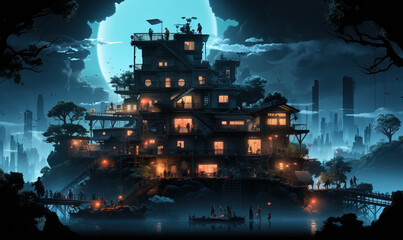Abstract multi-level house with people at dusk.