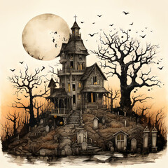 haunted house on a hill overloking graveyard