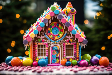 Fototapeta na wymiar Gingerbread house covered in colorful candies