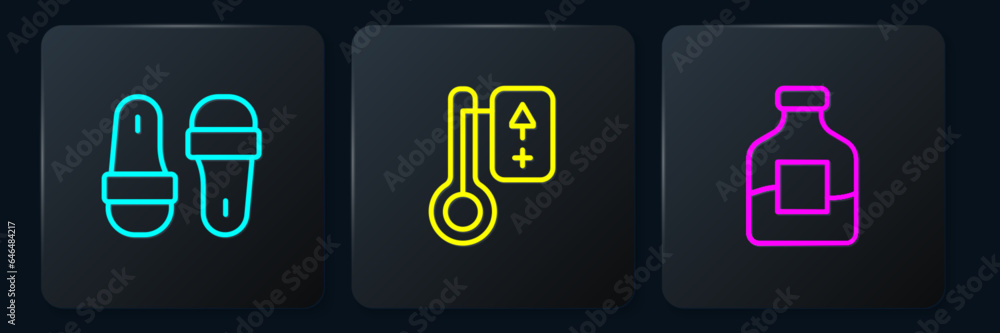 Poster set line sauna slippers, bottle of vodka and thermometer. black square button. vector