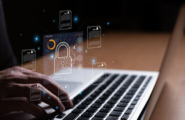 People using laptop for store customer database and information and create Data privacy and...
