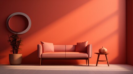 Stylish minimalist monochrome interior of modern cozy living room in pastel orange and pink tones. Trendy couch, coffee table, houseplant, wall decor. Creative home design. Mockup, 3D rendering.