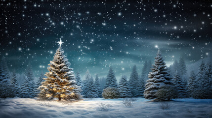 Snowy evening star-lit Christmas tree