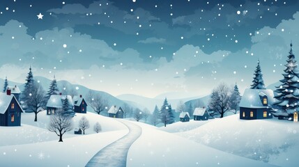 Christmas card, village houses in winter snow landscape, snowflakes falling from sky