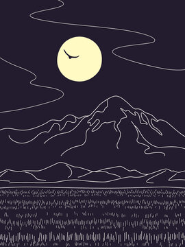 Line Drawing  of Night Scene with Moon and Mountains