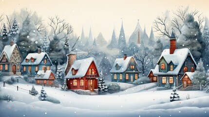 Christmas card, village houses in winter snow landscape, snowflakes falling from sky