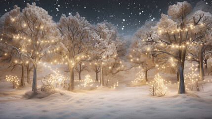 A whimsical winter forest with illuminated trees, creating a magical backdrop for holiday-themed photography, Christmas, Background