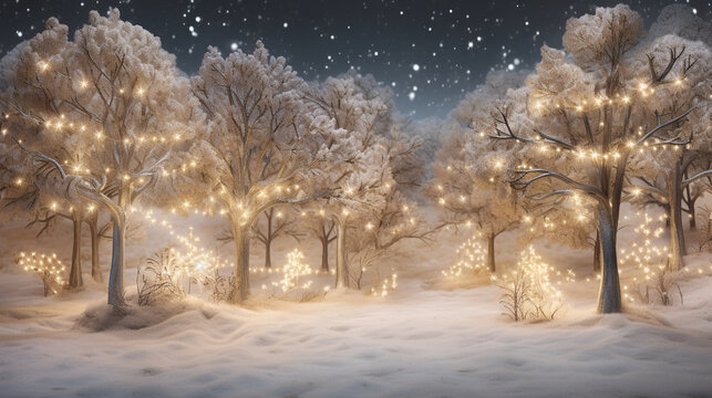A whimsical winter forest with illuminated trees, creating a magical backdrop for holiday-themed photography, Christmas, Background