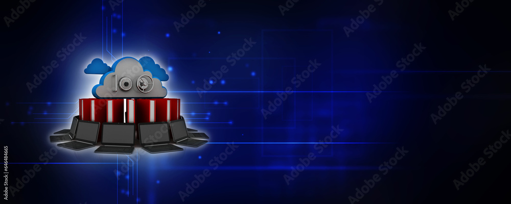 Poster 3d rendering technology computer network with book protection cloud lock