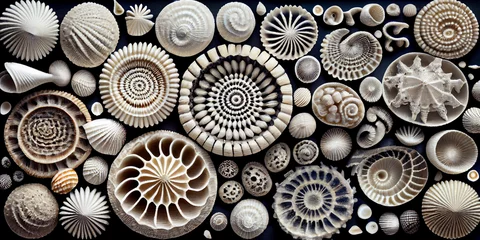 Fotobehang A beautiful geometric pattern made from a variety of seashells. Abstract illustration. © serperm73