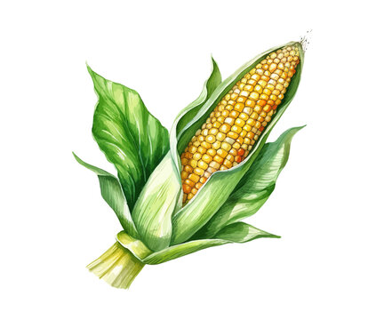 Corncob with leaf. Hand drawn watercolor painting. Vector illustration design.