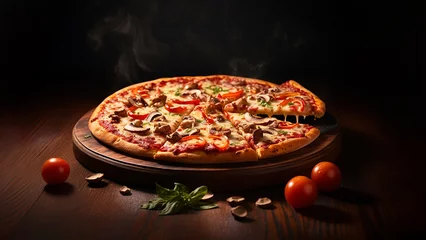 Fotobehang Pizza tradicional sobre tabla de madera, fondo negro © Vletal