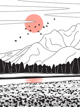 Line Drawing  of Sunset Scene with Mountains and River
