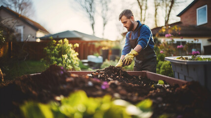 Person composting food waste in backyard compost bin garden