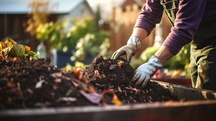 Person composting food waste in backyard compost bin garden