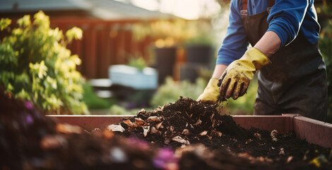Person composting food waste in backyard compost bin garden
