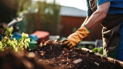 Person composting food waste in backyard compost bin garden