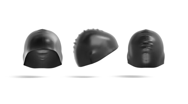 Blank black sport swim cap mockup front, side, back mockup