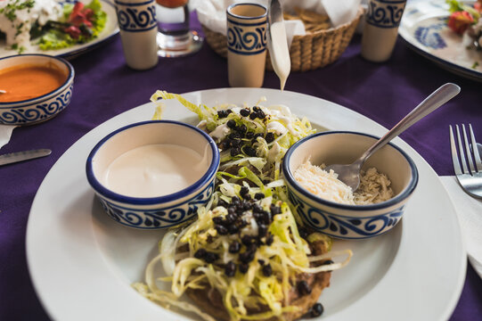 Sopes with beans, chicatana ants, lettuce, cream and red sauce, typical Mexican food.