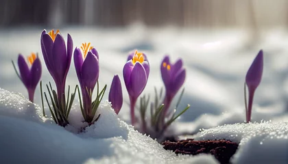 Foto op Plexiglas Purple crocus flowers grow in the snow. Spring concept. Wall decoration. © serperm73