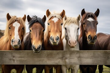 lineup of horses - horses putting their heads together - equestrian group - horses on a field behind a fence - generative ai