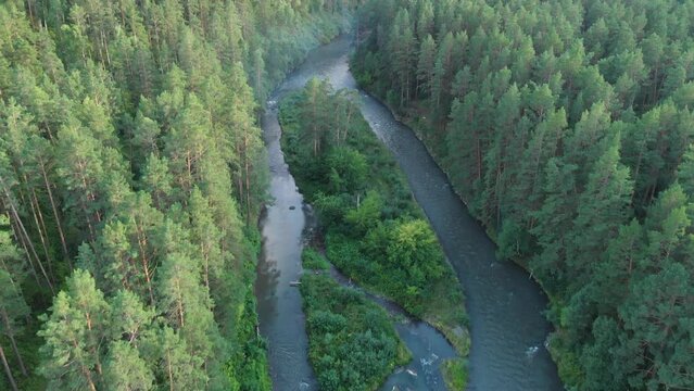 Aerial view from drone to mountain Sema river in Altai mountains, Russia. Aerial drone 4k video.