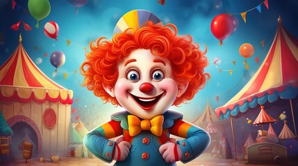 Illustration of a cartoon clown who is happily preparing to perform in the circus
