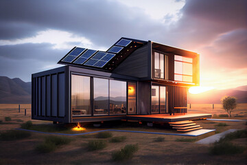 Residential house cottage made of cargo shipping containers. Solar panels on the roof.