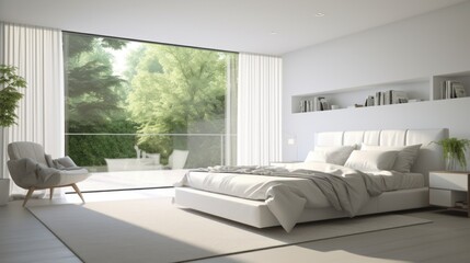 Interior of white minimalist scandi bedroom in luxury cottage or hotel. Large comfortable bed, side tables, armchair, panoramic windows with scenic landscape view. Ecodesign. Mockup, 3D rendering. - obrazy, fototapety, plakaty