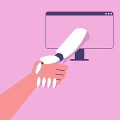 AI Robot and man shake hands. Cooperation of people and artificial intelligence in business. Flat vector illustration.