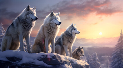A pack of white wolves in a mountain forest area are watching