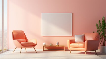 Stylish minimalist monochrome interior of modern living room in pastel orange and beige tones. Trendy armchairs, coffee table, plant, poster template. Creative interior design. Mockup, 3D rendering.