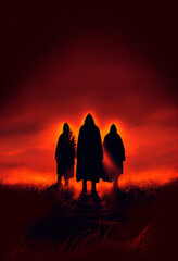 Three human silhouettes in long coats and a hood stand on the horizon in red light.. AI Generated