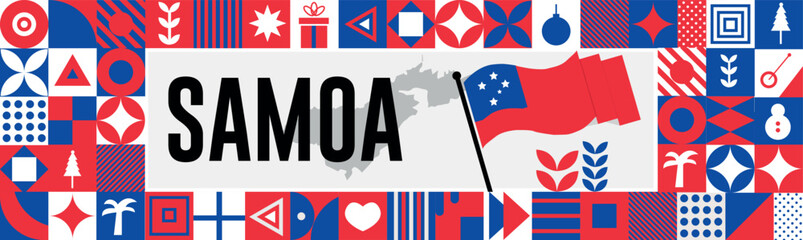 SAMOA national day banner with map, flag colors theme background and geometric abstract retro modern colorfull design with raised hands or fists.