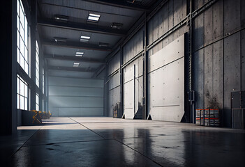 Photorealistic interior of a large empty industrial warehouse or hangar with a concrete floor. AI generative.