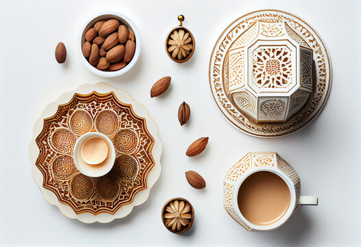 Illustration layout on an Islamic theme. On a white background, nuts, a cup of coffee and an image of an Arabic oriental lantern lamp. AI generated.