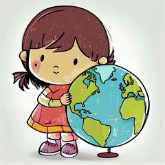 Cartoon illustration of a little girl holding a globe in her hands, a model of the planet Earth. AI generated.