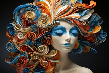 A mannequin head with a colorful paper wig in blue, orange, and white