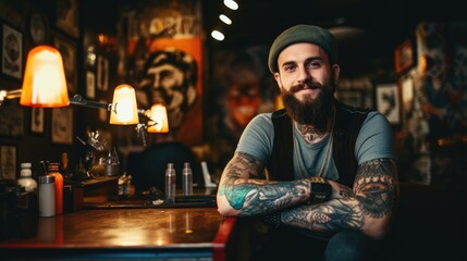 Fototapeta premium Young attractive male tattoo artist in a tattoo parlor.