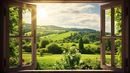Beautiful landscape from the window of a house in spring