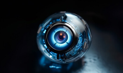 The blue sphere is in the form of an eye camera. Abstract future background. Blue glass ball