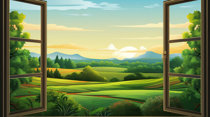 Fototapeta premium Beautiful landscape from the window of a house in spring