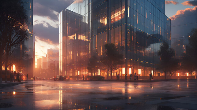 Modern city with glass buildings at sunset