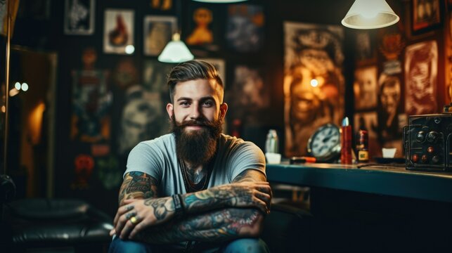 Young attractive male tattoo artist in a tattoo parlor.